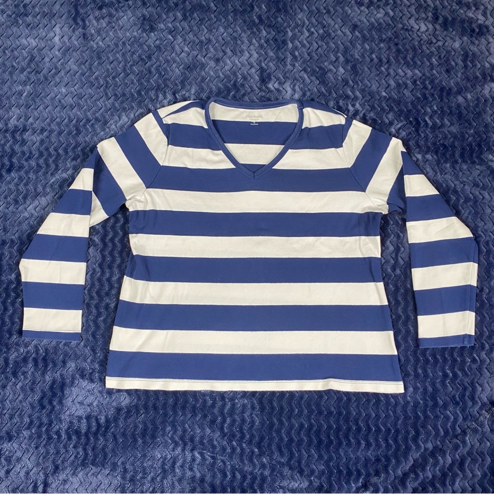 C-0008 Lands' End White/Navy Large Striped XL/P Shaped Cotton LS V-neck T-shirt
